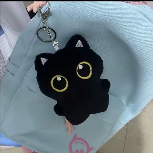 NEW Cute Black Fuzzball plush Cat keychain dangler bag decor - Picture 1 of 3